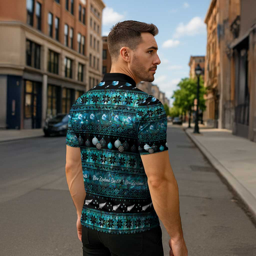 New Zealand Darts Christmas Zipper Polo Shirt Merry Xmas Aotearoa Maori Paua Shell - Polynesian Pride