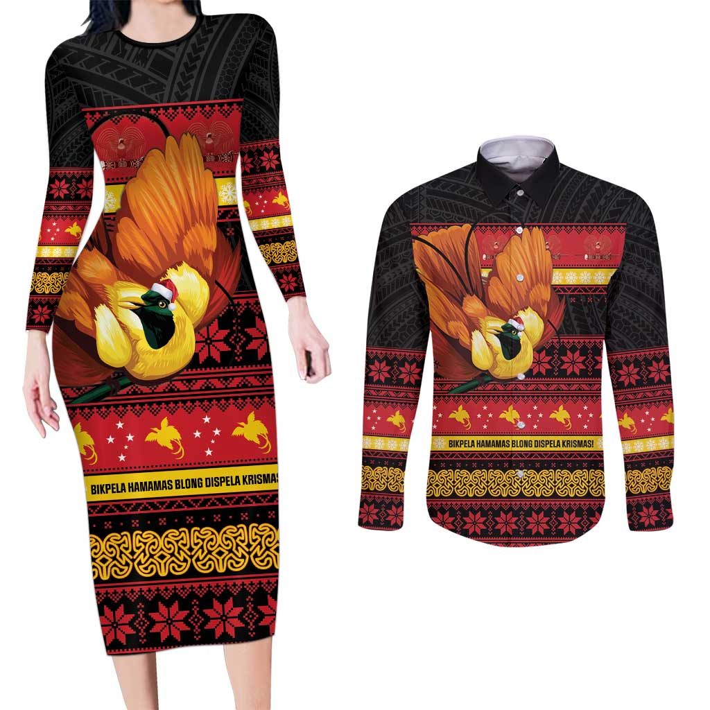 Papua New Guinea Christmas Couples Matching Long Sleeve Bodycon Dress and Long Sleeve Button Shirt Bikpela hamamas blong dispela Krismas LT14 Red - Polynesian Pride