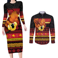 Papua New Guinea Christmas Couples Matching Long Sleeve Bodycon Dress and Long Sleeve Button Shirt Bikpela hamamas blong dispela Krismas LT14 Red - Polynesian Pride