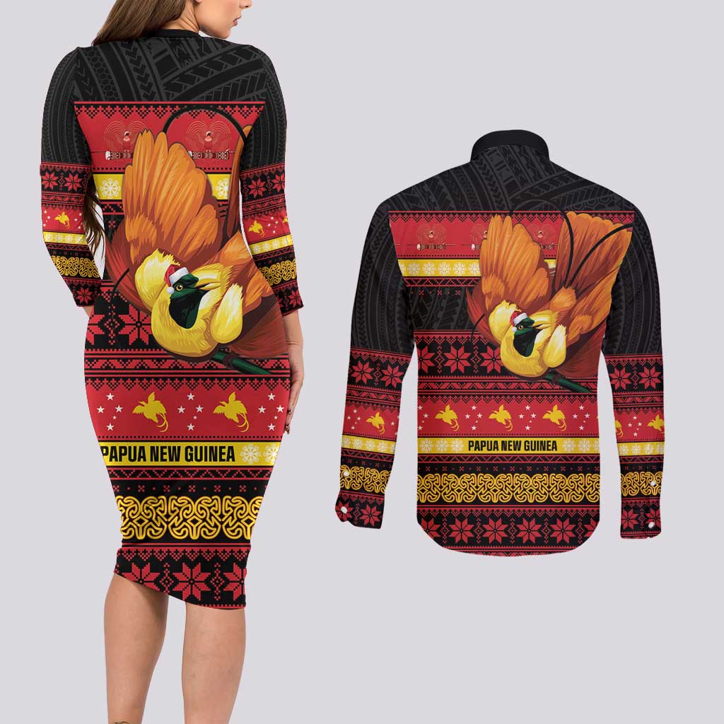 Papua New Guinea Christmas Couples Matching Long Sleeve Bodycon Dress and Long Sleeve Button Shirt Bikpela hamamas blong dispela Krismas LT14 - Polynesian Pride