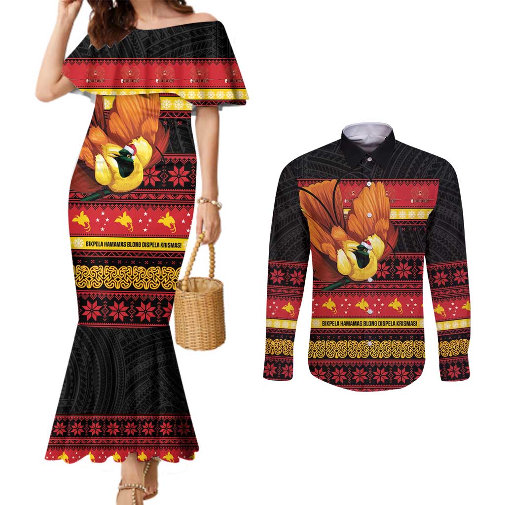 Papua New Guinea Christmas Couples Matching Mermaid Dress and Long Sleeve Button Shirt Bikpela hamamas blong dispela Krismas LT14 Red - Polynesian Pride