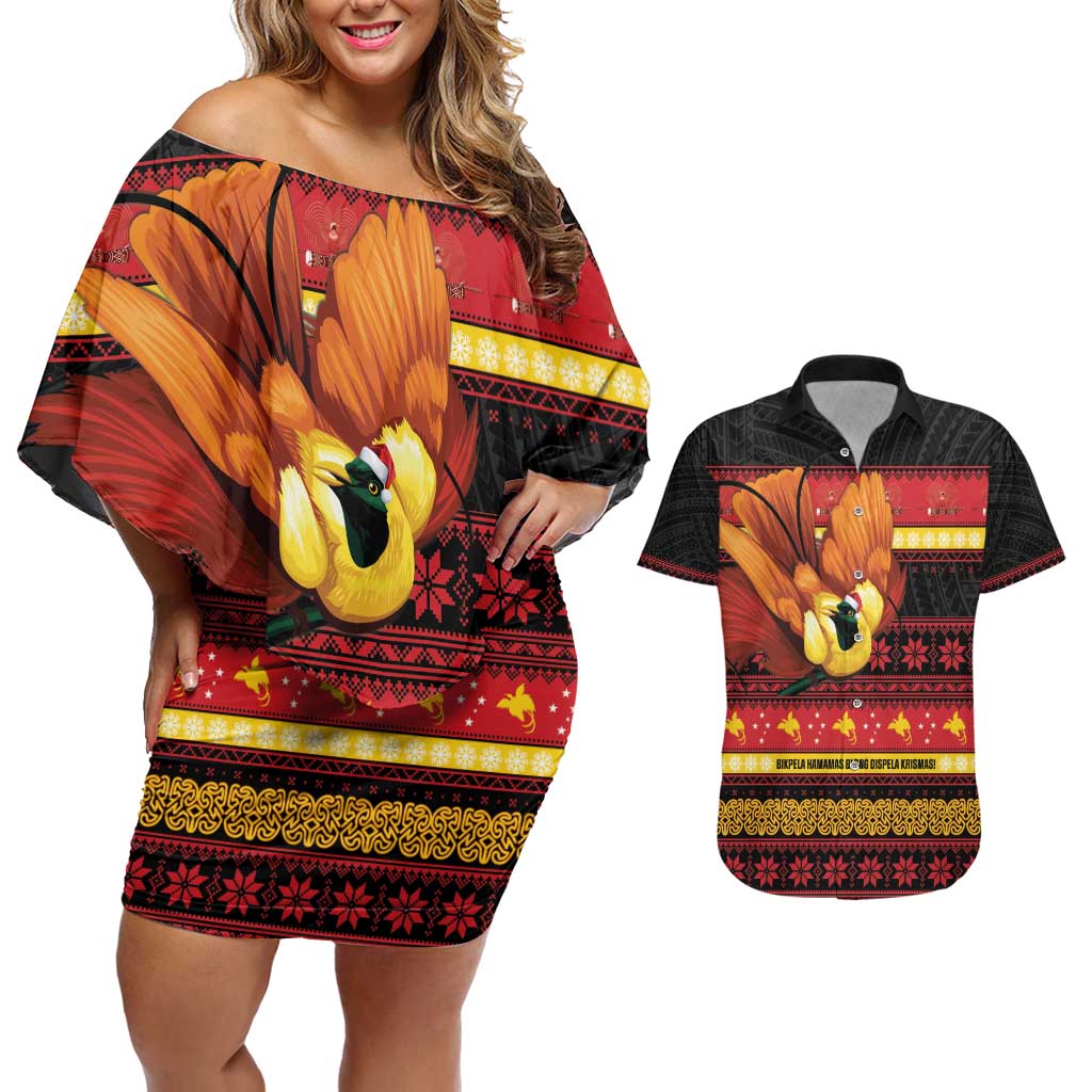 Papua New Guinea Christmas Couples Matching Off Shoulder Short Dress and Hawaiian Shirt Bikpela hamamas blong dispela Krismas LT14 Red - Polynesian Pride