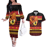 Papua New Guinea Christmas Couples Matching Off The Shoulder Long Sleeve Dress and Hawaiian Shirt Bikpela hamamas blong dispela Krismas LT14 Red - Polynesian Pride