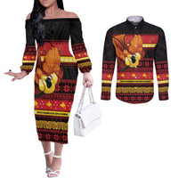 Papua New Guinea Christmas Couples Matching Off The Shoulder Long Sleeve Dress and Long Sleeve Button Shirt Bikpela hamamas blong dispela Krismas LT14 Red - Polynesian Pride