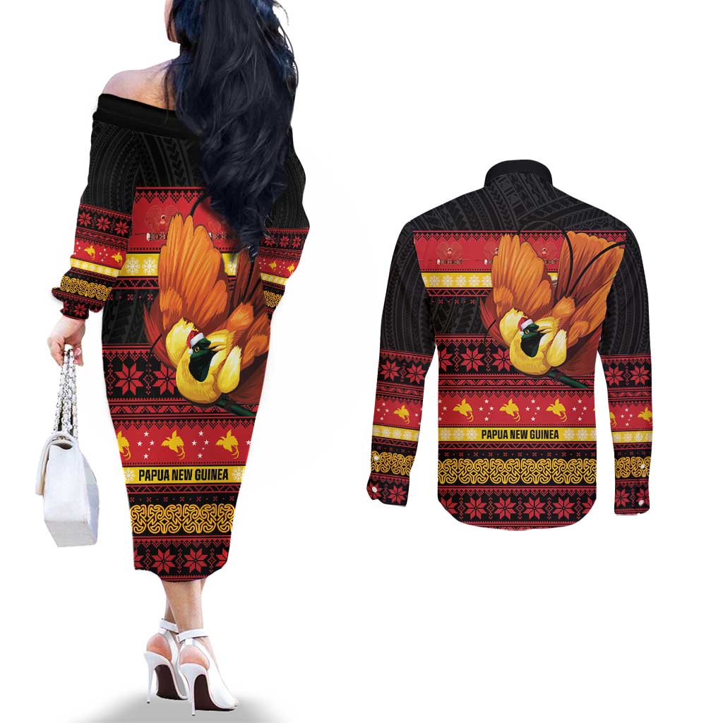 Papua New Guinea Christmas Couples Matching Off The Shoulder Long Sleeve Dress and Long Sleeve Button Shirt Bikpela hamamas blong dispela Krismas LT14 - Polynesian Pride
