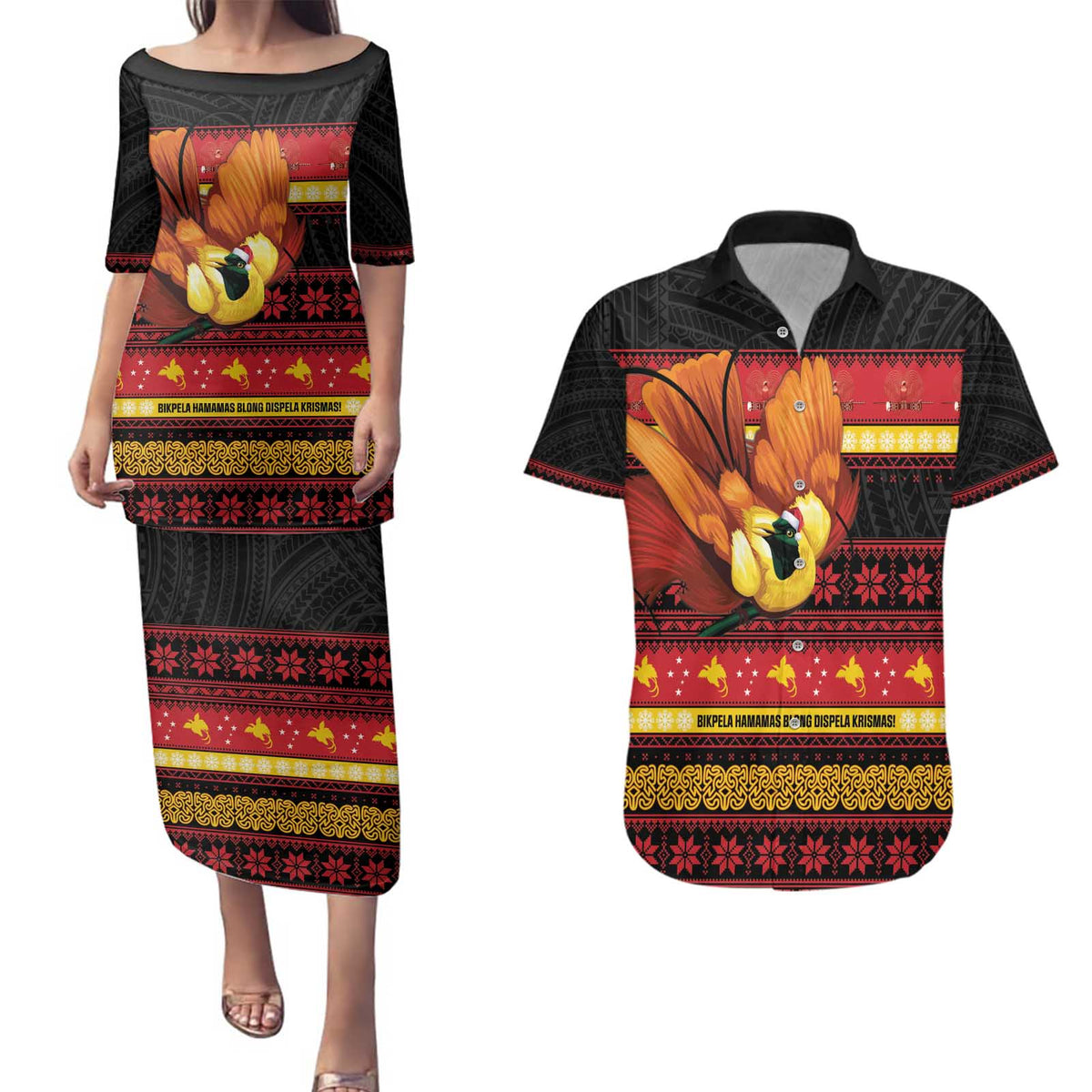 Papua New Guinea Christmas Couples Matching Puletasi and Hawaiian Shirt Bikpela hamamas blong dispela Krismas LT14 Red - Polynesian Pride