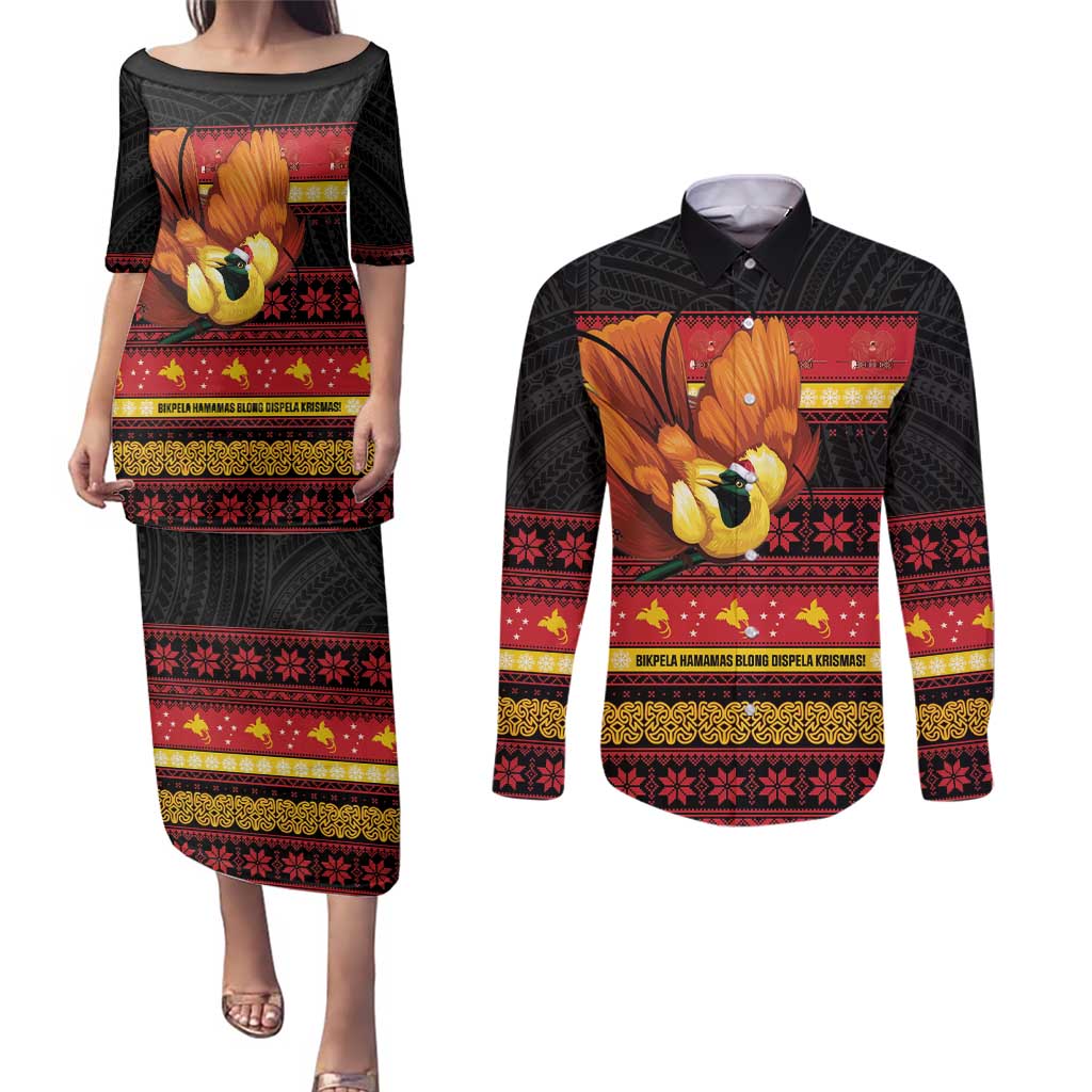 Papua New Guinea Christmas Couples Matching Puletasi and Long Sleeve Button Shirt Bikpela hamamas blong dispela Krismas LT14 Red - Polynesian Pride
