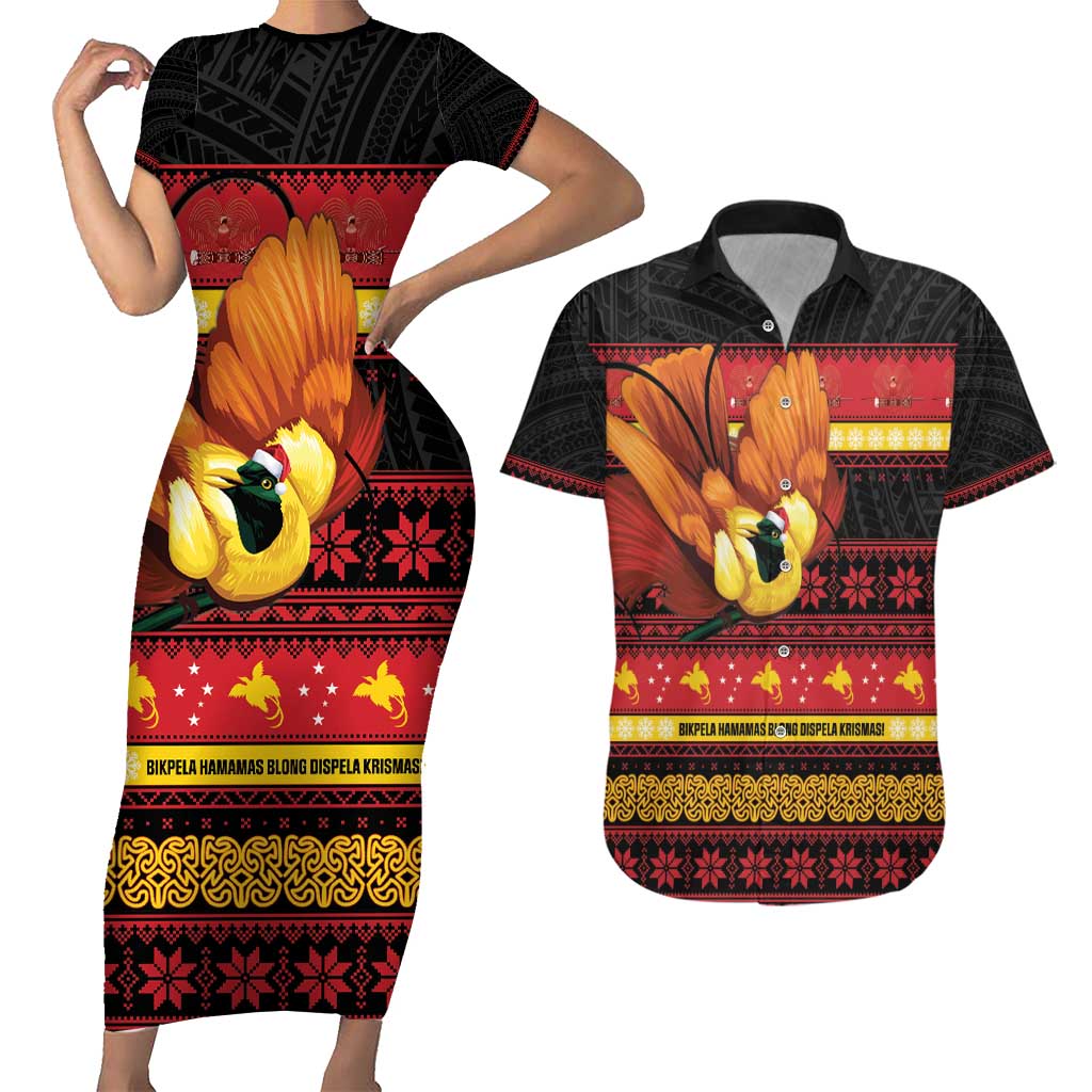 Papua New Guinea Christmas Couples Matching Short Sleeve Bodycon Dress and Hawaiian Shirt Bikpela hamamas blong dispela Krismas LT14 Red - Polynesian Pride