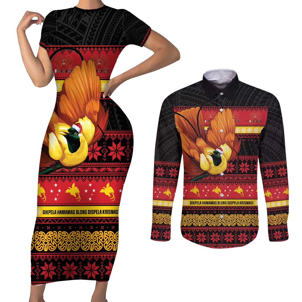 Papua New Guinea Christmas Couples Matching Short Sleeve Bodycon Dress and Long Sleeve Button Shirt Bikpela hamamas blong dispela Krismas LT14 Red - Polynesian Pride