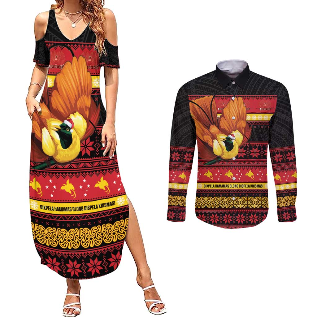 Papua New Guinea Christmas Couples Matching Summer Maxi Dress and Long Sleeve Button Shirt Bikpela hamamas blong dispela Krismas LT14 Red - Polynesian Pride