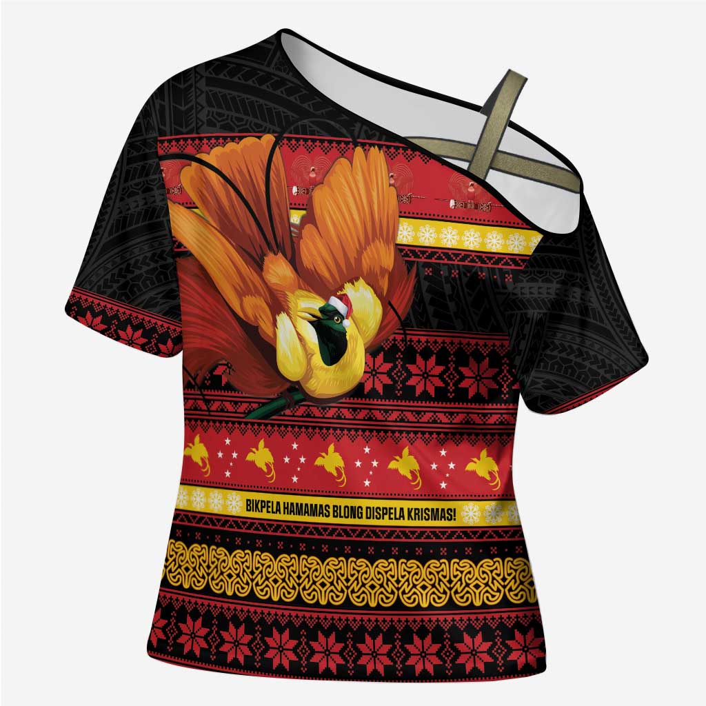 Papua New Guinea Christmas Cross Shoulder Shirt Bikpela hamamas blong dispela Krismas - Polynesian Pride
