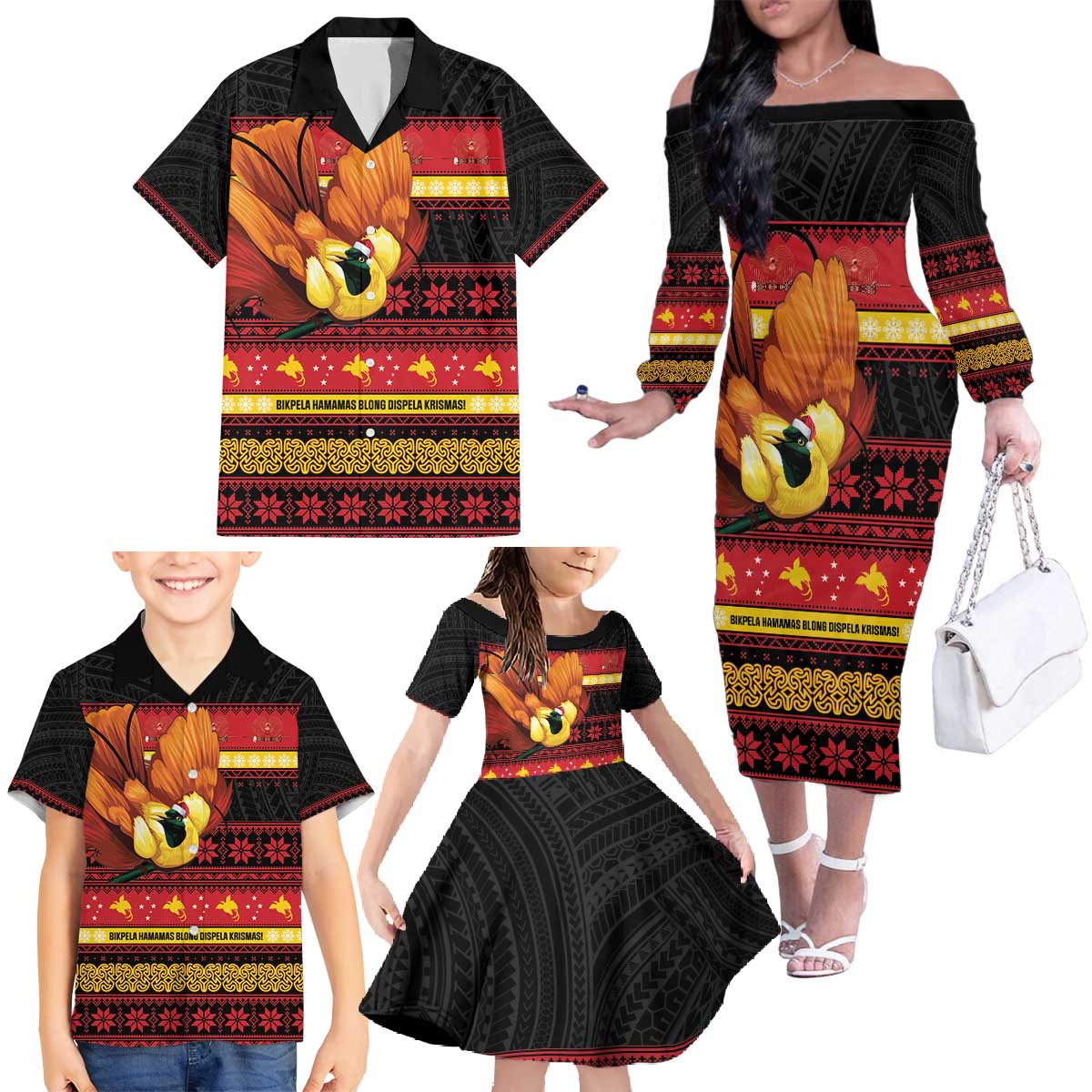 Papua New Guinea Christmas Family Matching Off The Shoulder Long Sleeve Dress and Hawaiian Shirt Bikpela hamamas blong dispela Krismas LT14 - Polynesian Pride