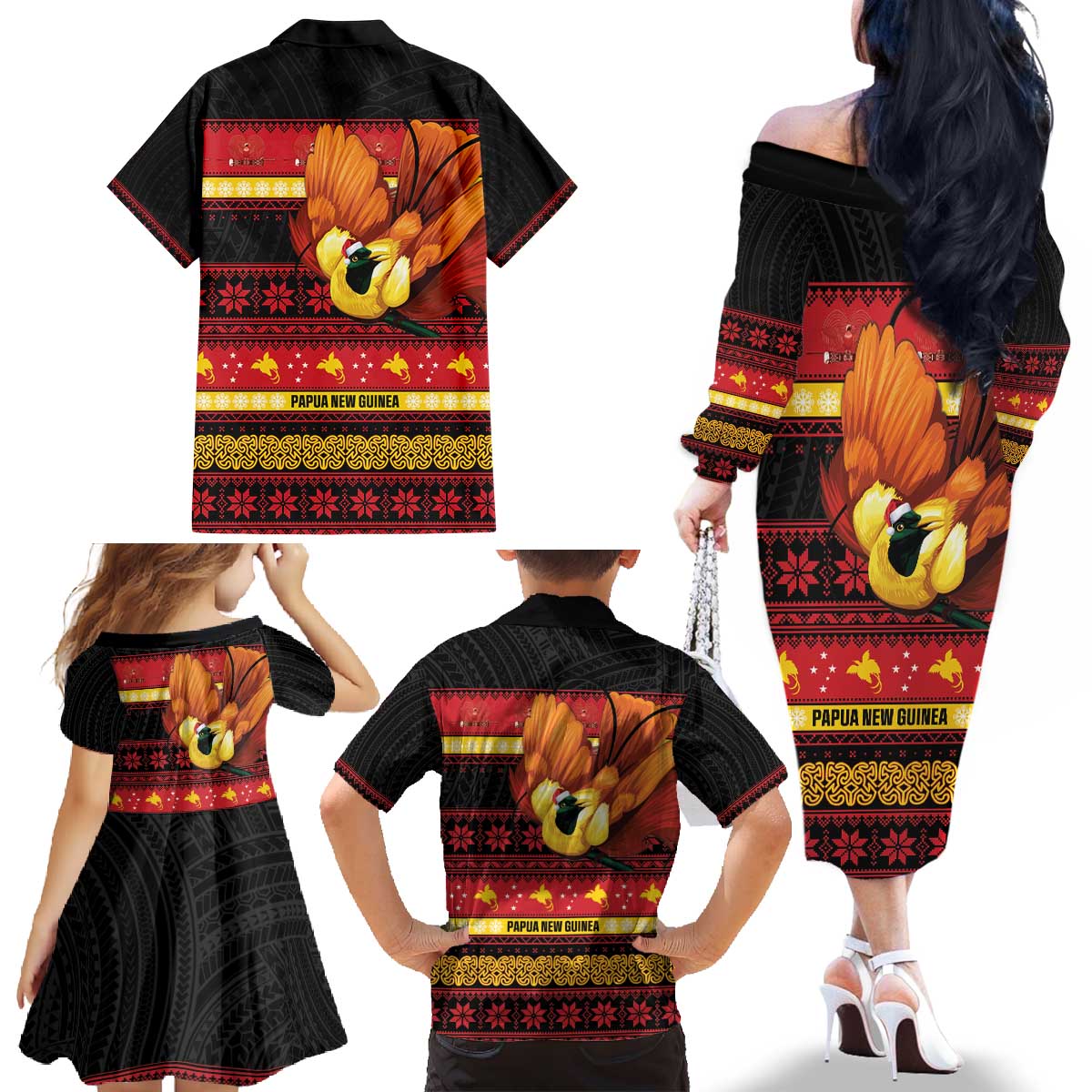 Papua New Guinea Christmas Family Matching Off The Shoulder Long Sleeve Dress and Hawaiian Shirt Bikpela hamamas blong dispela Krismas LT14 - Polynesian Pride