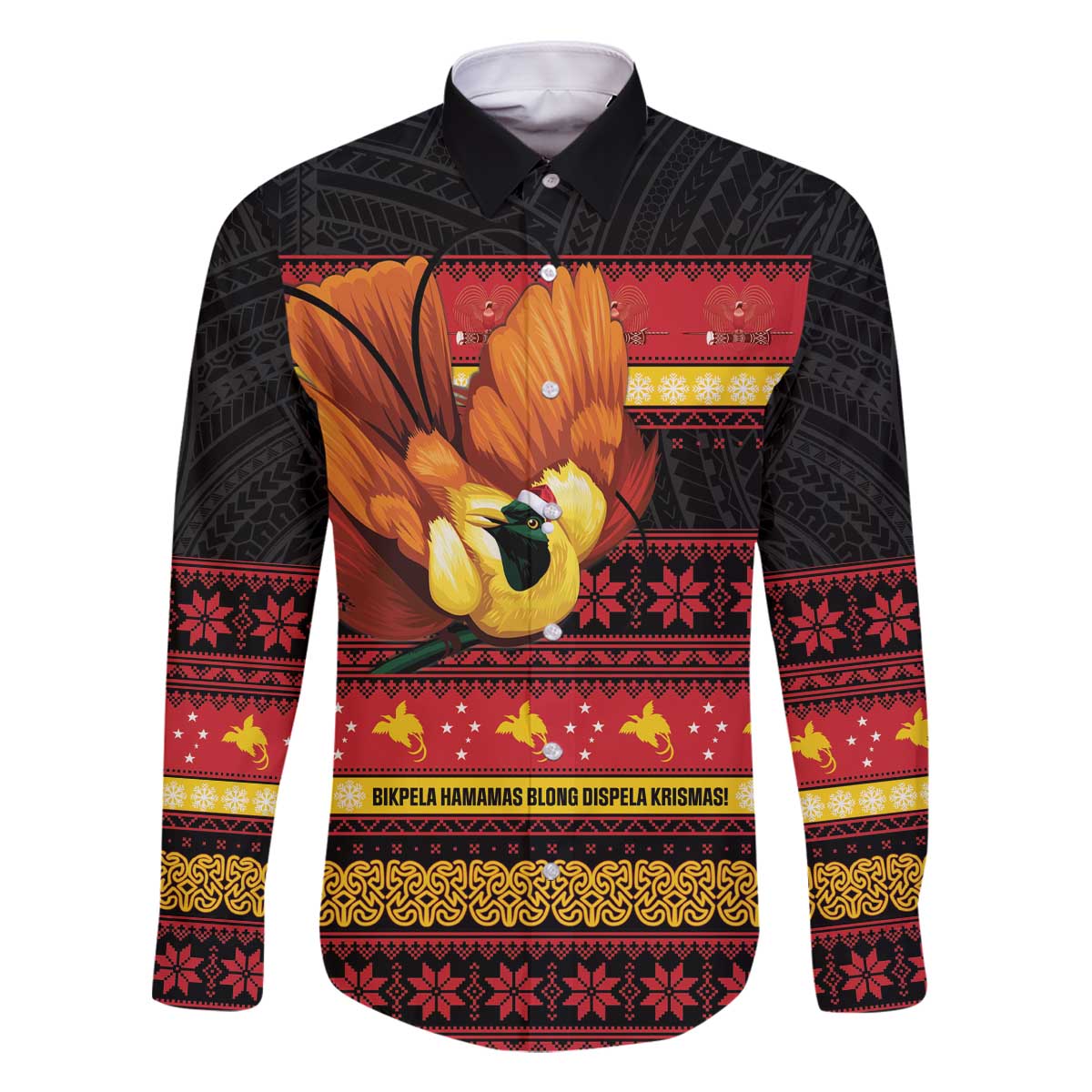Papua New Guinea Christmas Family Matching Off The Shoulder Long Sleeve Dress and Hawaiian Shirt Bikpela hamamas blong dispela Krismas LT14 Dad's Shirt - Long Sleeve Red - Polynesian Pride