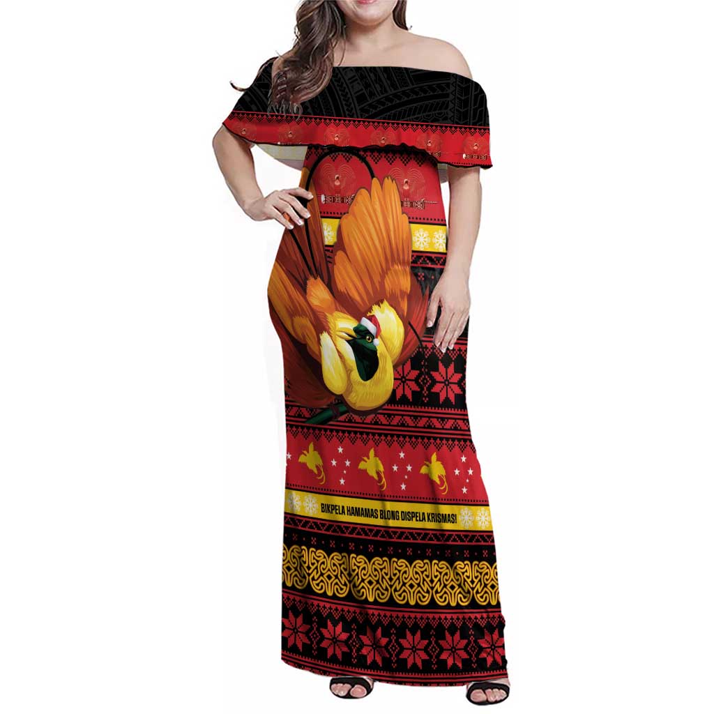 Papua New Guinea Christmas Family Matching Off Shoulder Maxi Dress and Hawaiian Shirt Bikpela hamamas blong dispela Krismas LT14 Mom's Dress Red - Polynesian Pride