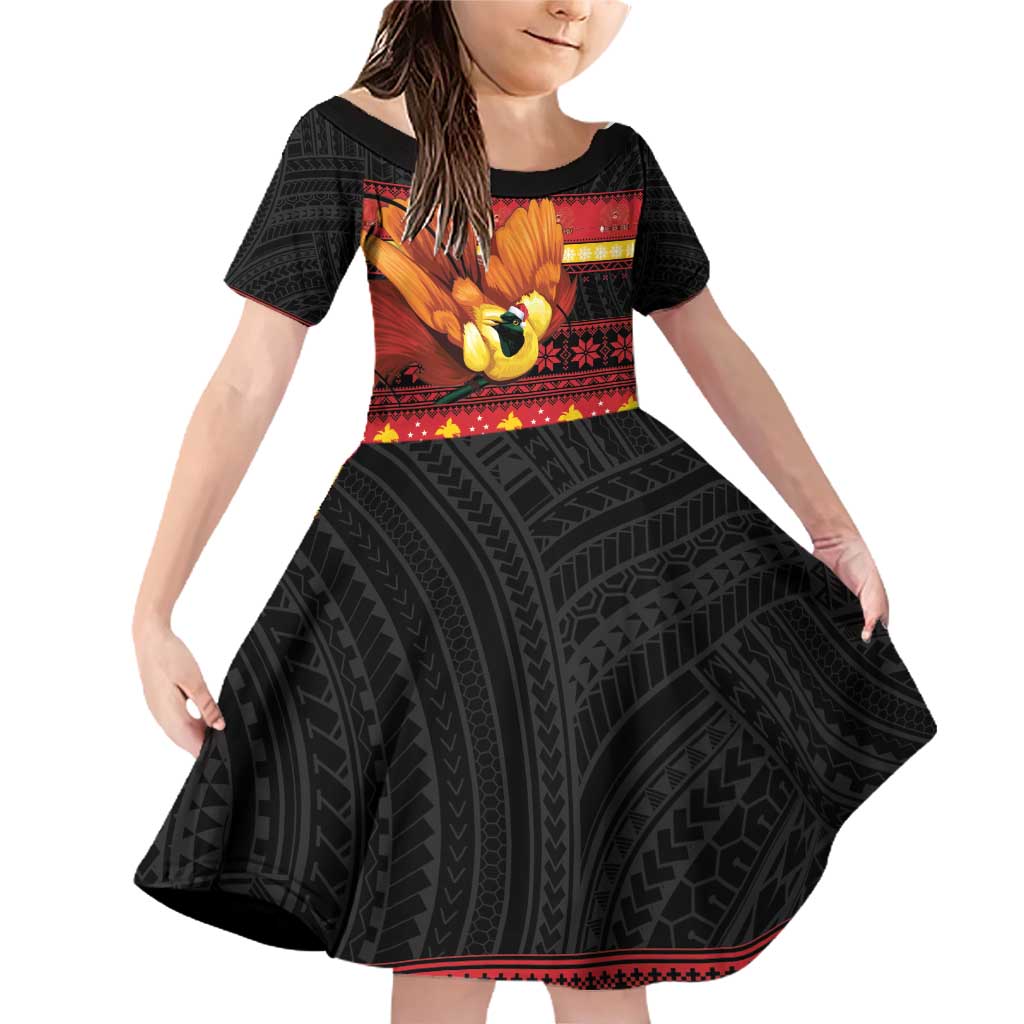 Papua New Guinea Christmas Family Matching Off Shoulder Short Dress and Hawaiian Shirt Bikpela hamamas blong dispela Krismas LT14 Daughter's Dress Red - Polynesian Pride