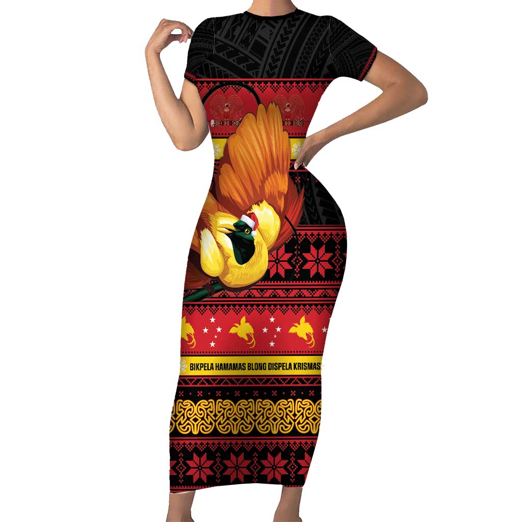 Papua New Guinea Christmas Family Matching Short Sleeve Bodycon Dress and Hawaiian Shirt Bikpela hamamas blong dispela Krismas LT14 Mom's Dress Red - Polynesian Pride