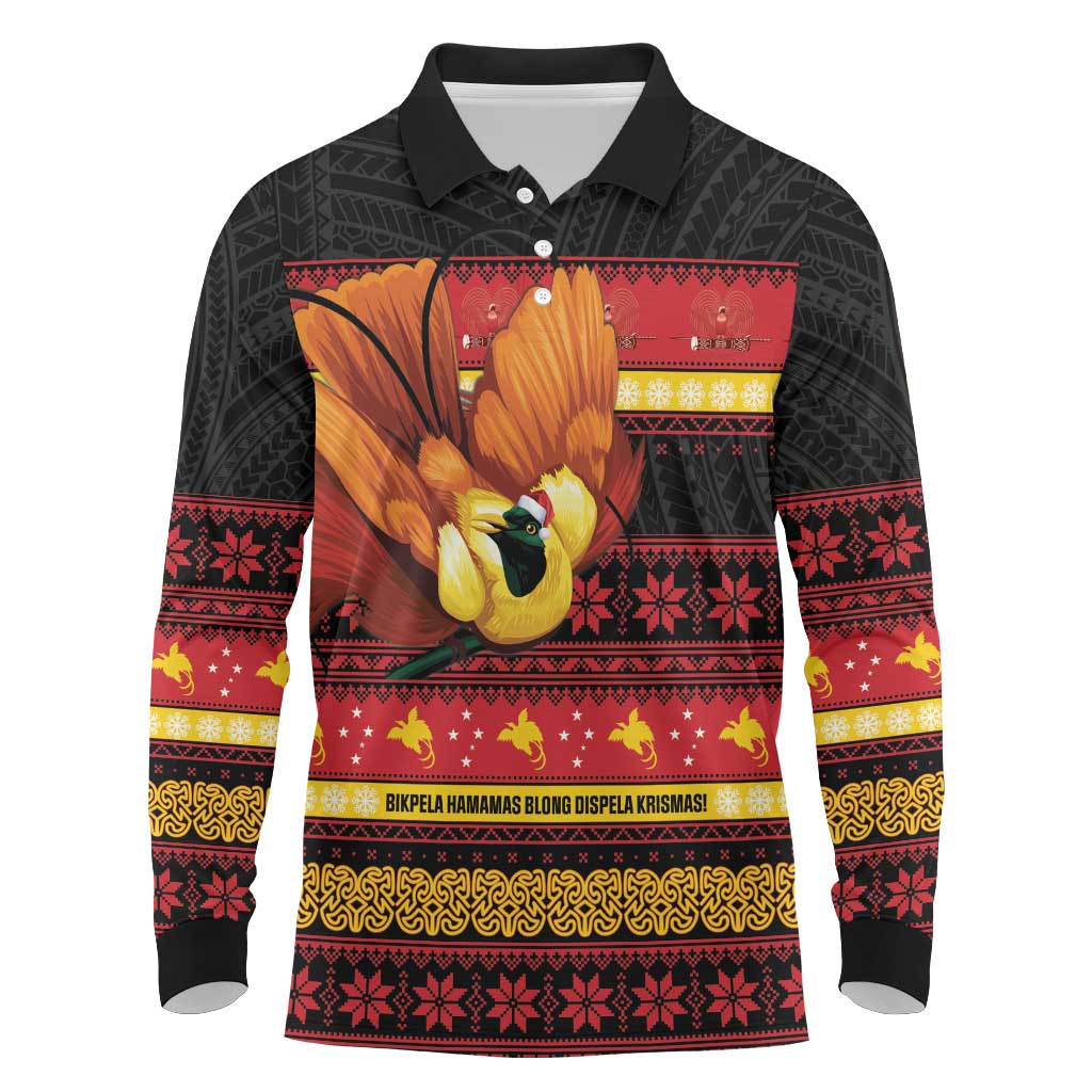Papua New Guinea Christmas Long Sleeve Polo Shirt Bikpela hamamas blong dispela Krismas LT14 Red - Polynesian Pride