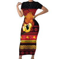 Papua New Guinea Christmas Short Sleeve Bodycon Dress Bikpela hamamas blong dispela Krismas LT14 Long Dress Red - Polynesian Pride