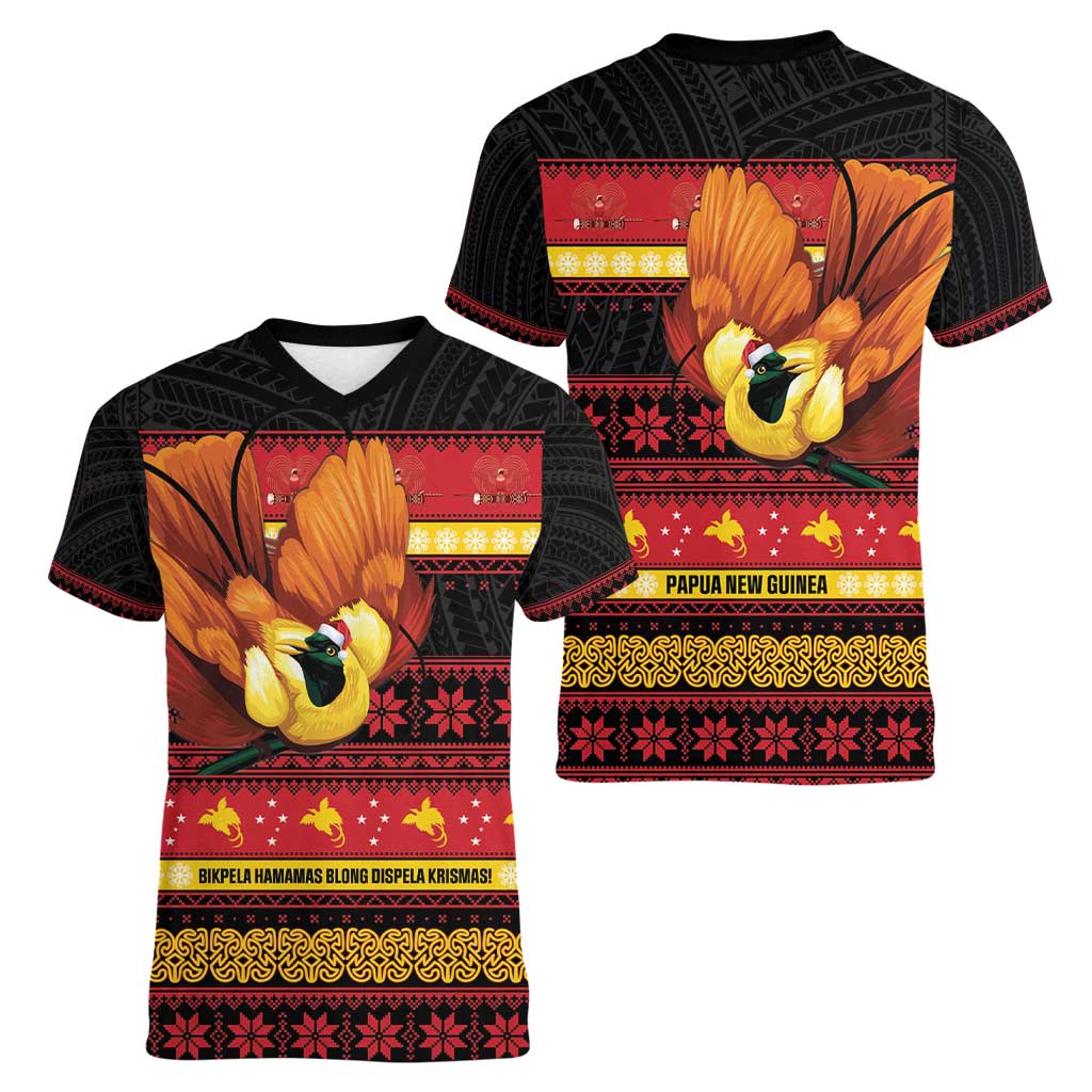 Papua New Guinea Christmas Women V-Neck T-Shirt Bikpela hamamas blong dispela Krismas LT14 - Polynesian Pride