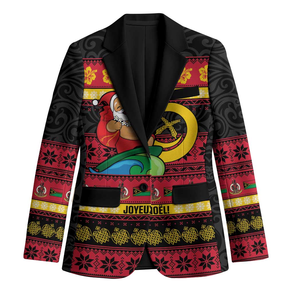 Vanuatu Christmas Blazer Joyeux Noel Surfing Santa With Boar Tusk - Polynesian Pride