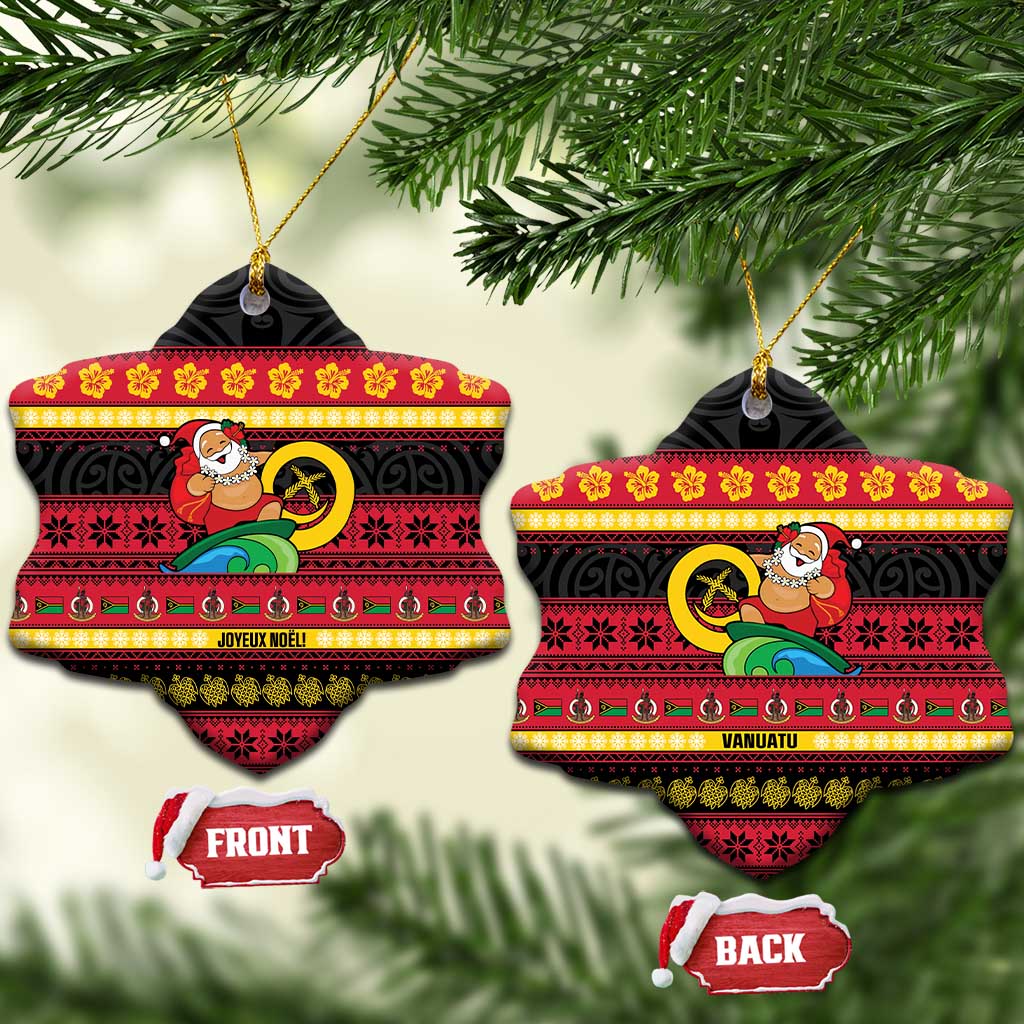 Vanuatu Christmas Ceramic Ornament Joyeux Noel Surfing Santa With Boar Tusk - Polynesian Pride