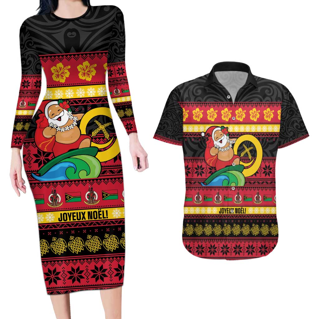 Vanuatu Christmas Couples Matching Long Sleeve Bodycon Dress and Hawaiian Shirt Joyeux Noel Surfing Santa With Boar Tusk LT14 Red - Polynesian Pride