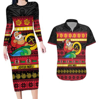 Vanuatu Christmas Couples Matching Long Sleeve Bodycon Dress and Hawaiian Shirt Joyeux Noel Surfing Santa With Boar Tusk LT14 Red - Polynesian Pride