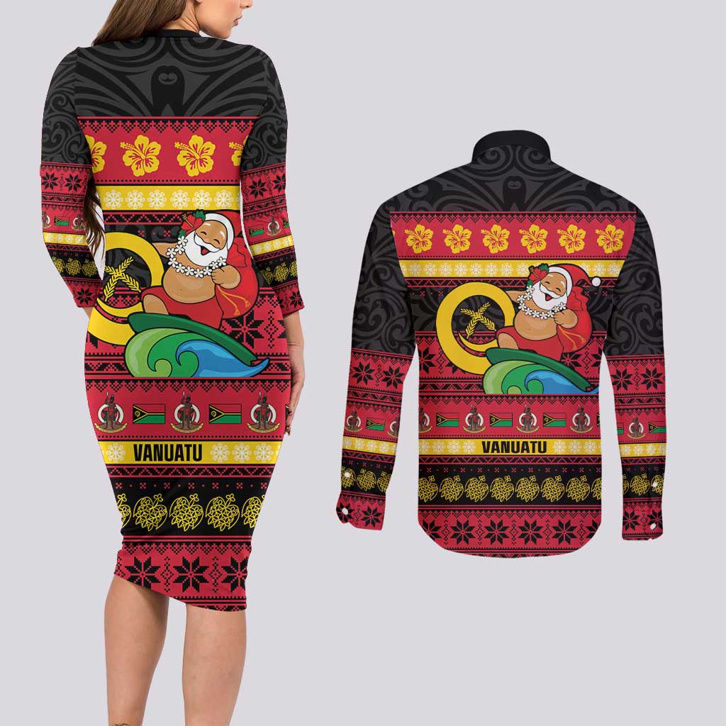 Vanuatu Christmas Couples Matching Long Sleeve Bodycon Dress and Long Sleeve Button Shirt Joyeux Noel Surfing Santa With Boar Tusk LT14 - Polynesian Pride