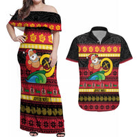 Vanuatu Christmas Couples Matching Off Shoulder Maxi Dress and Hawaiian Shirt Joyeux Noel Surfing Santa With Boar Tusk LT14 Red - Polynesian Pride