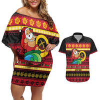Vanuatu Christmas Couples Matching Off Shoulder Short Dress and Hawaiian Shirt Joyeux Noel Surfing Santa With Boar Tusk LT14 Red - Polynesian Pride