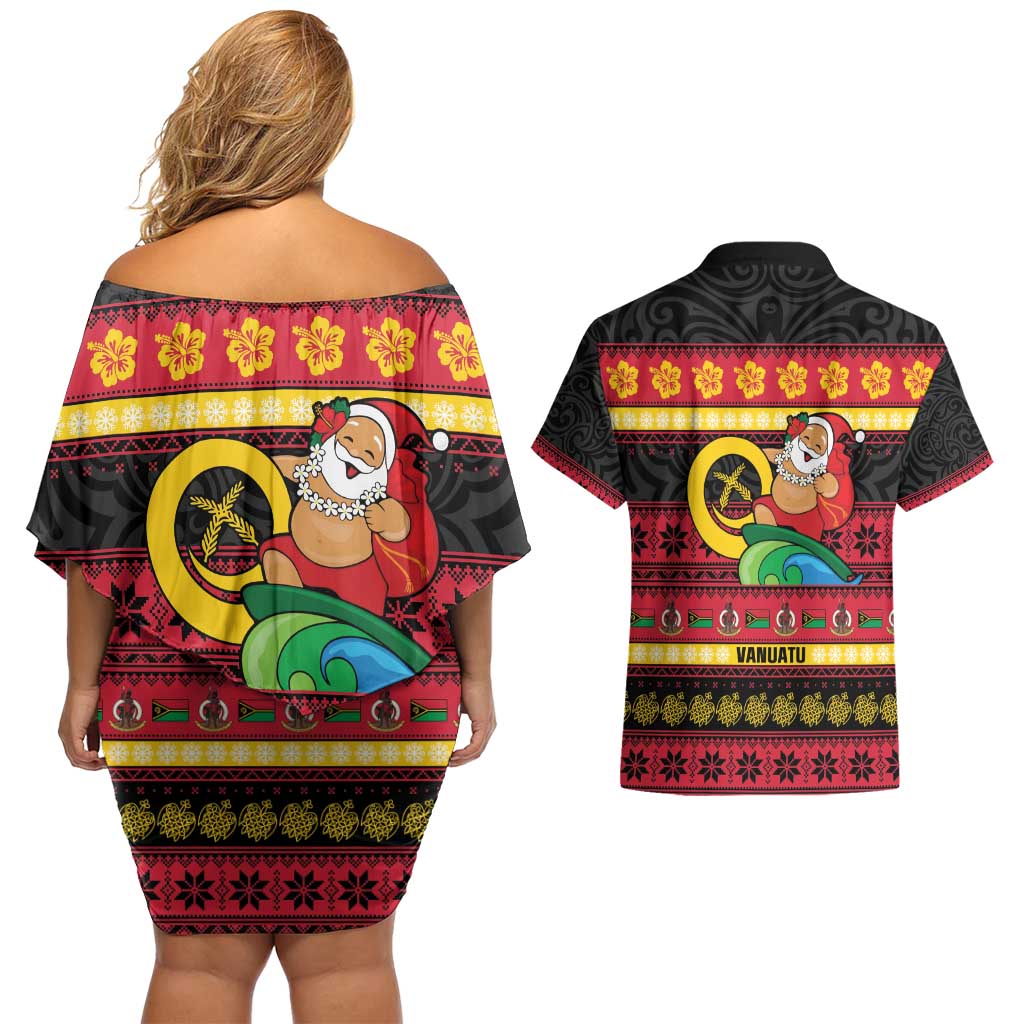 Vanuatu Christmas Couples Matching Off Shoulder Short Dress and Hawaiian Shirt Joyeux Noel Surfing Santa With Boar Tusk LT14 - Polynesian Pride
