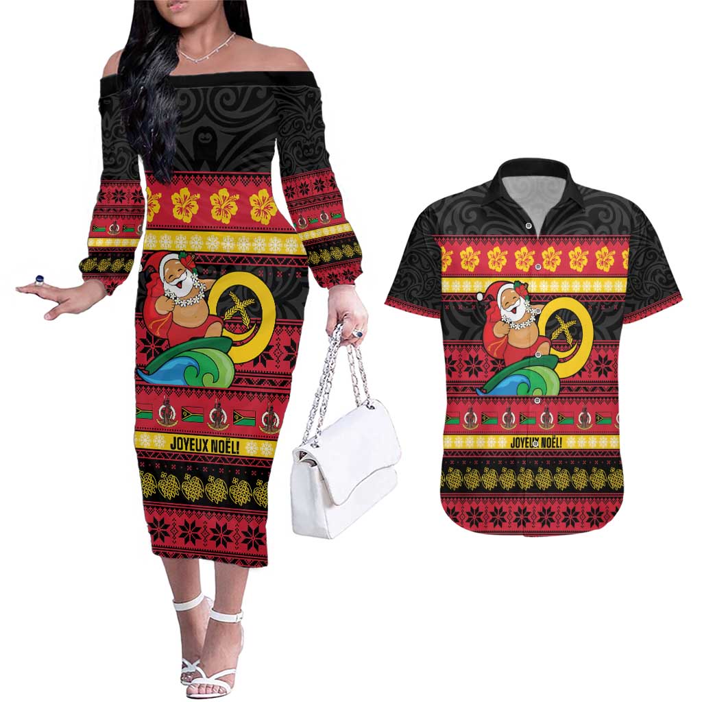 Vanuatu Christmas Couples Matching Off The Shoulder Long Sleeve Dress and Hawaiian Shirt Joyeux Noel Surfing Santa With Boar Tusk LT14 Red - Polynesian Pride