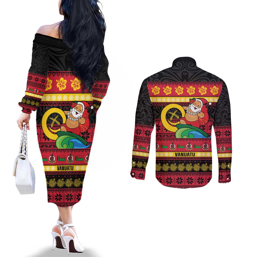 Vanuatu Christmas Couples Matching Off The Shoulder Long Sleeve Dress and Long Sleeve Button Shirt Joyeux Noel Surfing Santa With Boar Tusk LT14 - Polynesian Pride