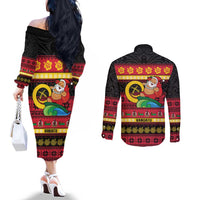 Vanuatu Christmas Couples Matching Off The Shoulder Long Sleeve Dress and Long Sleeve Button Shirt Joyeux Noel Surfing Santa With Boar Tusk LT14 - Polynesian Pride