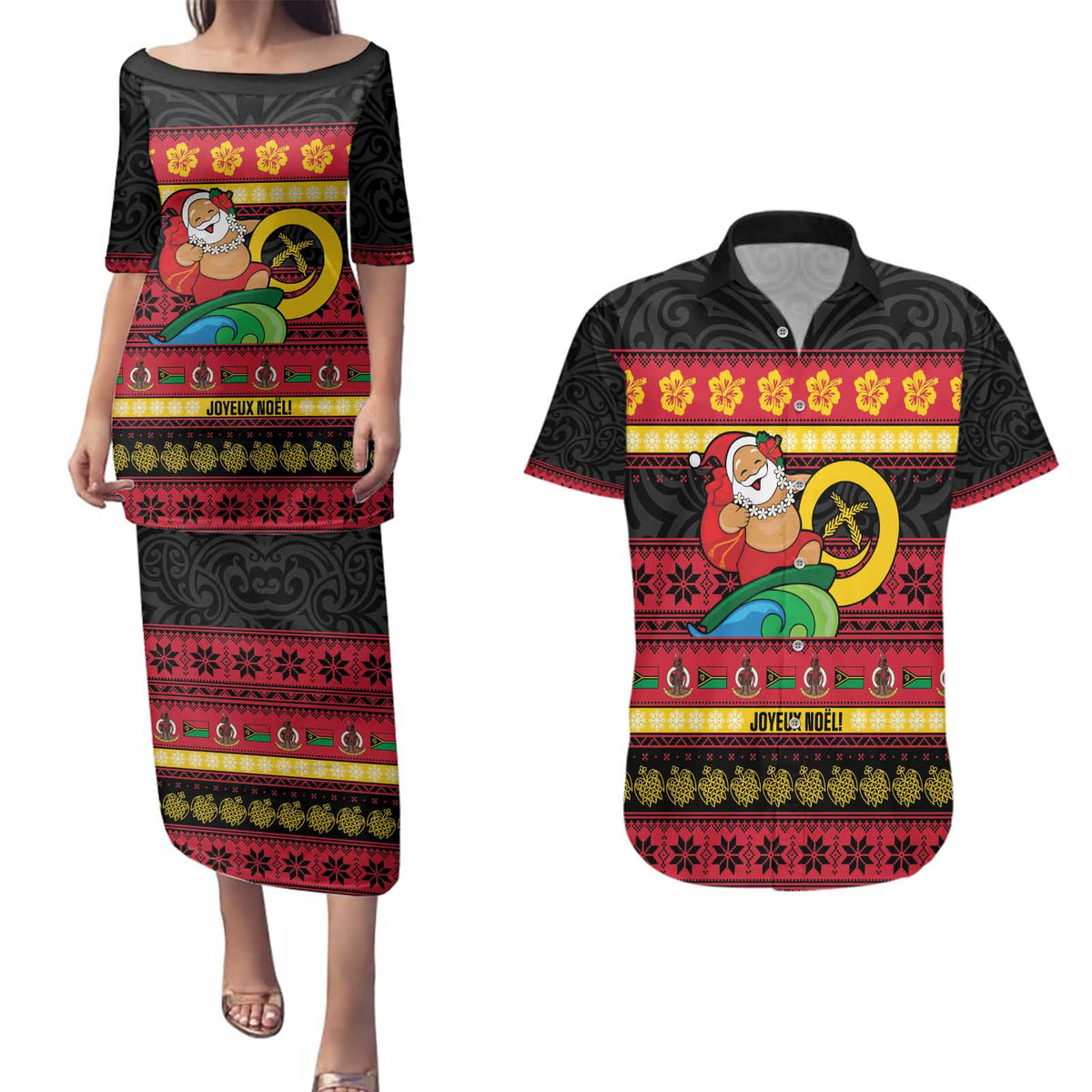 Vanuatu Christmas Couples Matching Puletasi and Hawaiian Shirt Joyeux Noel Surfing Santa With Boar Tusk - Polynesian Pride