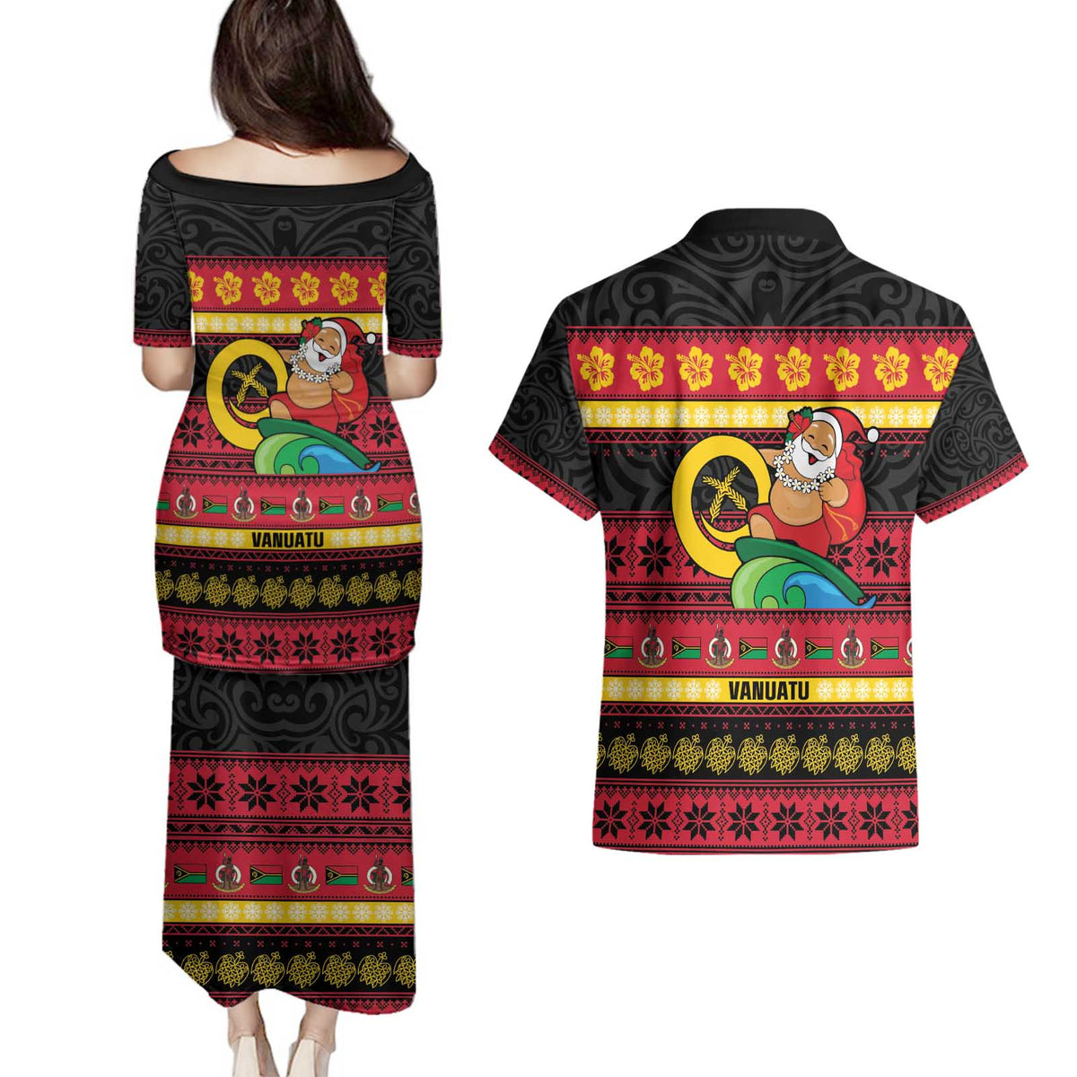 Vanuatu Christmas Couples Matching Puletasi and Hawaiian Shirt Joyeux Noel Surfing Santa With Boar Tusk - Polynesian Pride
