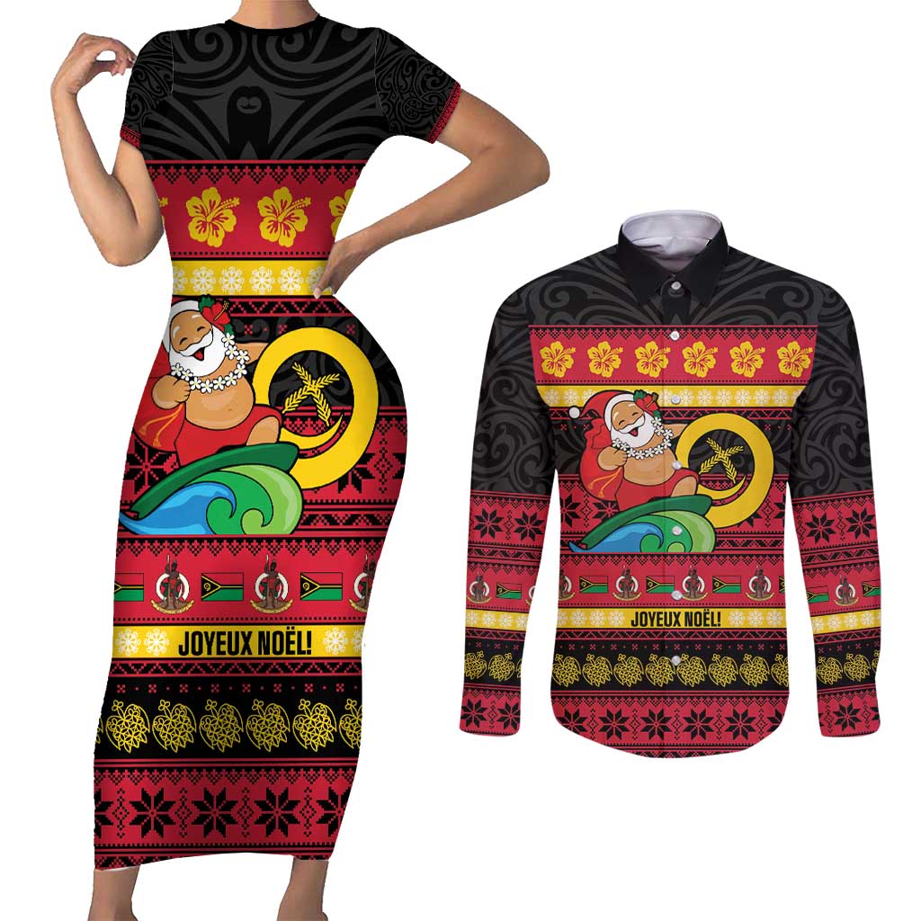 Vanuatu Christmas Couples Matching Short Sleeve Bodycon Dress and Long Sleeve Button Shirt Joyeux Noel Surfing Santa With Boar Tusk LT14 Red - Polynesian Pride