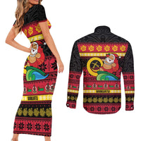 Vanuatu Christmas Couples Matching Short Sleeve Bodycon Dress and Long Sleeve Button Shirt Joyeux Noel Surfing Santa With Boar Tusk LT14 - Polynesian Pride