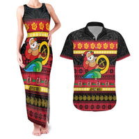 Vanuatu Christmas Couples Matching Tank Maxi Dress and Hawaiian Shirt Joyeux Noel Surfing Santa With Boar Tusk LT14 Red - Polynesian Pride