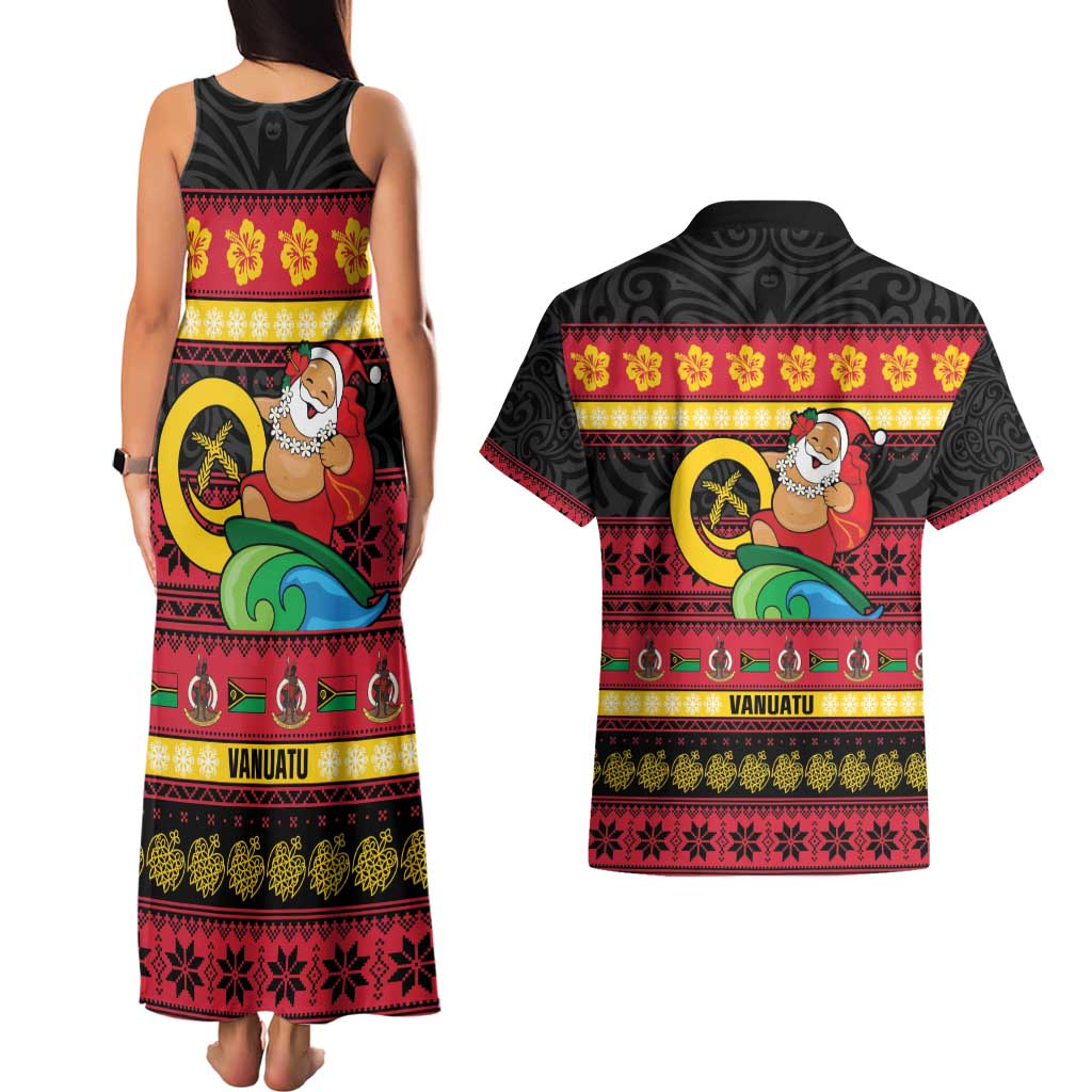 Vanuatu Christmas Couples Matching Tank Maxi Dress and Hawaiian Shirt Joyeux Noel Surfing Santa With Boar Tusk LT14 - Polynesian Pride