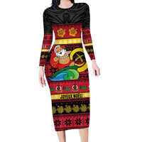 Vanuatu Christmas Family Matching Long Sleeve Bodycon Dress and Hawaiian Shirt Joyeux Noel Surfing Santa With Boar Tusk LT14 Mom's Dress Red - Polynesian Pride
