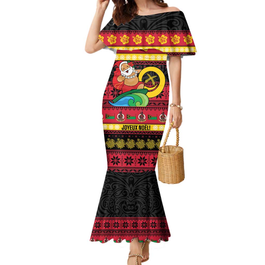 Vanuatu Christmas Family Matching Mermaid Dress and Hawaiian Shirt Joyeux Noel Surfing Santa With Boar Tusk LT14 Mom's Dress Red - Polynesian Pride