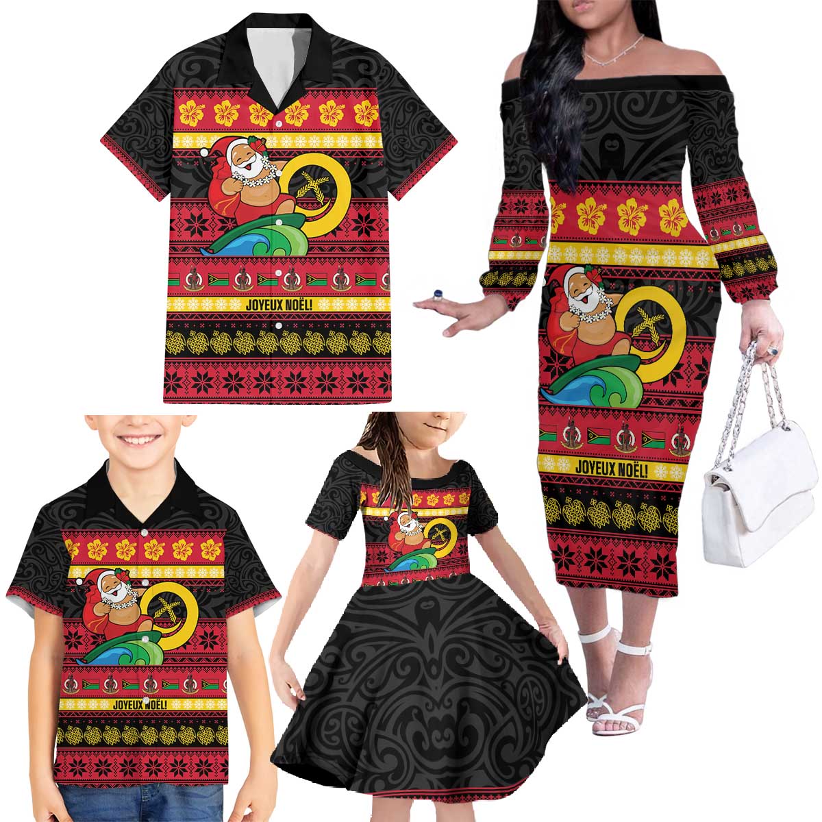 Vanuatu Christmas Family Matching Off The Shoulder Long Sleeve Dress and Hawaiian Shirt Joyeux Noel Surfing Santa With Boar Tusk LT14 - Polynesian Pride