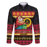 Vanuatu Christmas Family Matching Off The Shoulder Long Sleeve Dress and Hawaiian Shirt Joyeux Noel Surfing Santa With Boar Tusk LT14 Dad's Shirt - Long Sleeve Red - Polynesian Pride