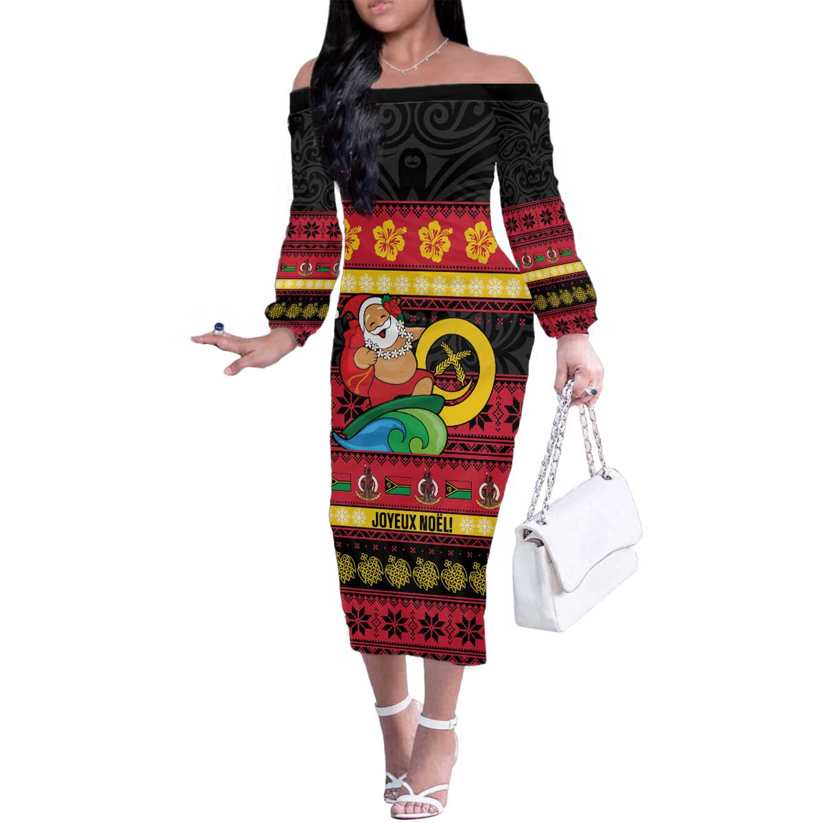 Vanuatu Christmas Family Matching Off The Shoulder Long Sleeve Dress and Hawaiian Shirt Joyeux Noel Surfing Santa With Boar Tusk LT14 Mom's Dress Red - Polynesian Pride