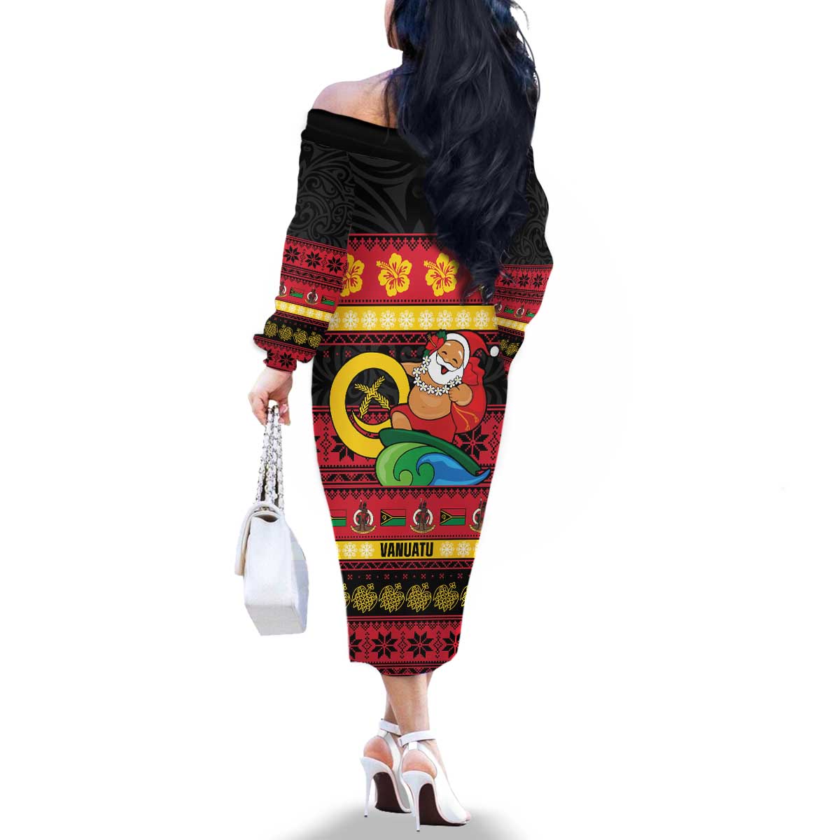 Vanuatu Christmas Family Matching Off The Shoulder Long Sleeve Dress and Hawaiian Shirt Joyeux Noel Surfing Santa With Boar Tusk LT14 - Polynesian Pride
