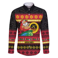 Vanuatu Christmas Family Matching Off Shoulder Maxi Dress and Hawaiian Shirt Joyeux Noel Surfing Santa With Boar Tusk LT14 Dad's Shirt - Long Sleeve Red - Polynesian Pride