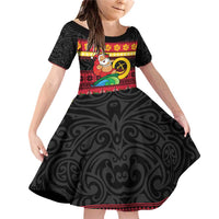 Vanuatu Christmas Family Matching Off Shoulder Short Dress and Hawaiian Shirt Joyeux Noel Surfing Santa With Boar Tusk LT14 Daughter's Dress Red - Polynesian Pride