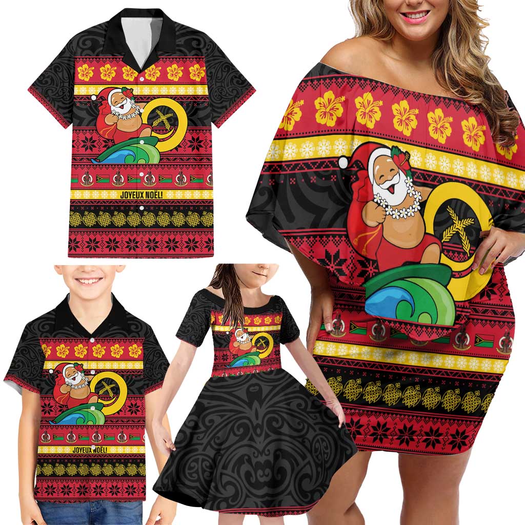Vanuatu Christmas Family Matching Off Shoulder Short Dress and Hawaiian Shirt Joyeux Noel Surfing Santa With Boar Tusk LT14 - Polynesian Pride